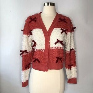 Red and White Textured Cardigan with Bows Size Large